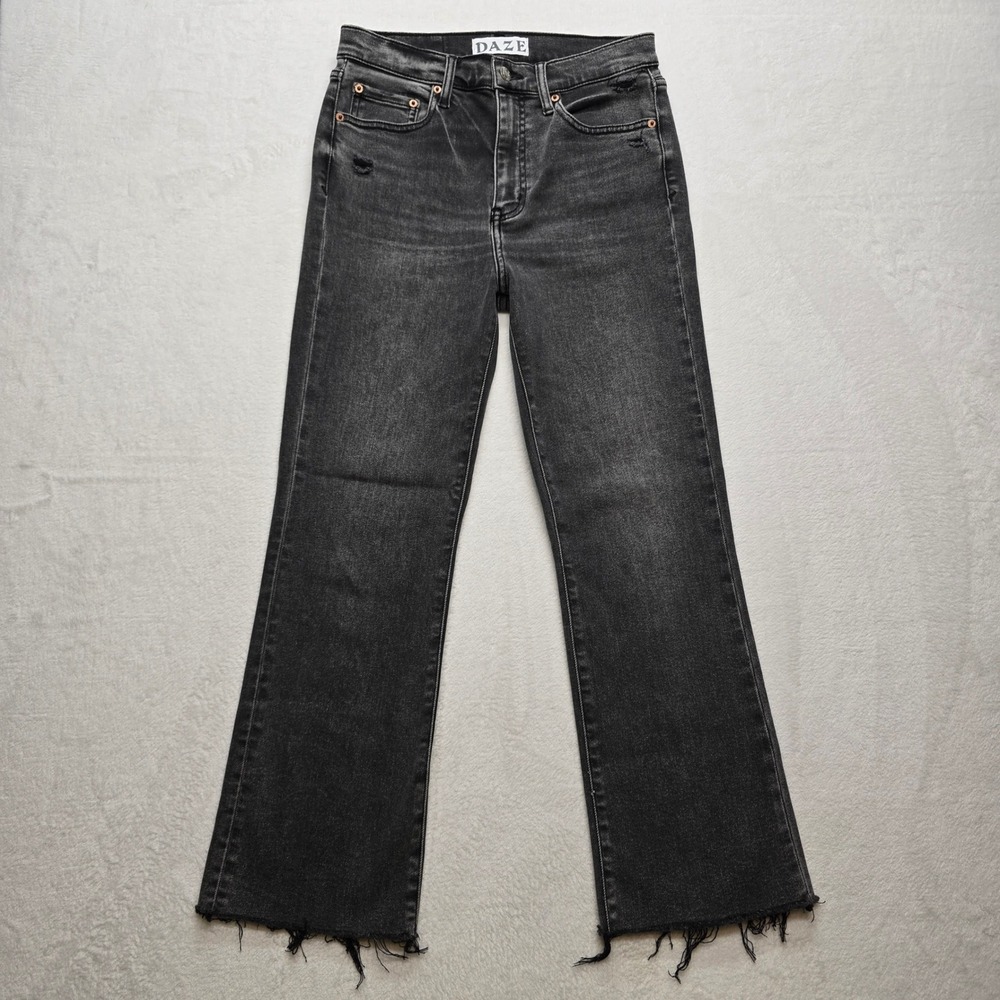 DAZE Flare Jeans Distressed Raw Hem Black Wash High Rise 27